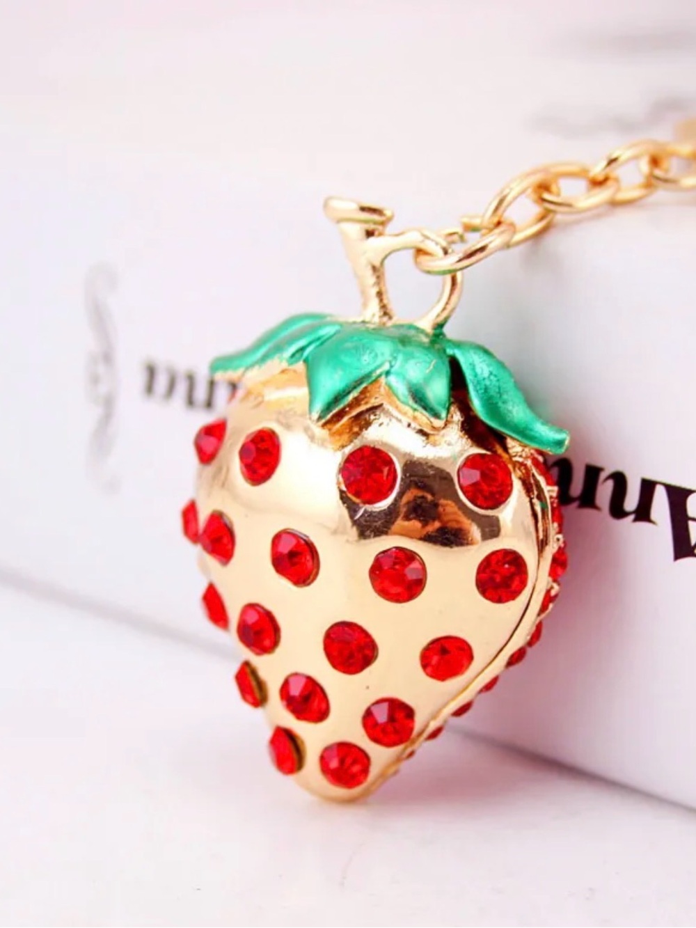 Gold-tone Strawberry Crystal Keychain - Red & Green Charm - Picture 2 of 4